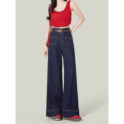 American Style dark blue Wide-Leg Jeans Women's 2025 Spring High Waist Pear-Shaped Slim-Fit Drop Loose Straight Pants