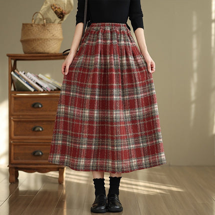 Real Shot of Thickeneded Woolen Elastic Waist Casual Plaid Skirt Retro Literary A-Line Skirt for Women 2025 Autumn and Winter New Products