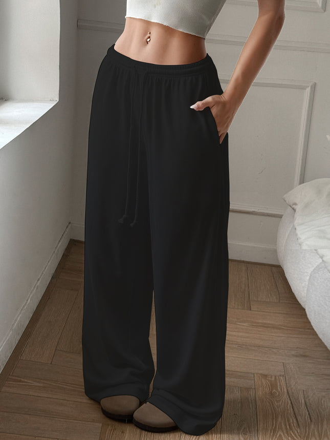 European and American New Autumn Women's Sports Daily Casual Elastic Waistband Pocket Solid Color Wide-Leg Pants with a Relaxed Feel