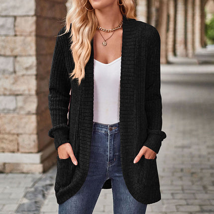 Long-Sleeve Cardigan Jacket Amazon 2026 Spring and Autumn New Solid Color Ribbed Brushed Fabric Patchwork Long-Sleeve Jacket Wholesale
