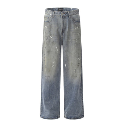 Jiamu Tie-Dye Ac Splash-Ink Jeans American High Street Fashion Brand Retro Washed Distressed Loose Straight Wide Legs