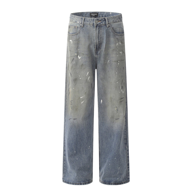 Jiamu Tie-Dye Ac Splash-Ink Jeans American High Street Fashion Brand Retro Washed Distressed Loose Straight Wide Legs