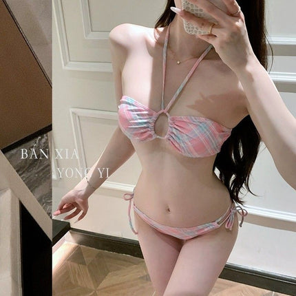 Source Manufacturer Sweet Girl Retro Plaid Sexy Small Breast Halter Simple Tube Top Bikini Split Swimsuit