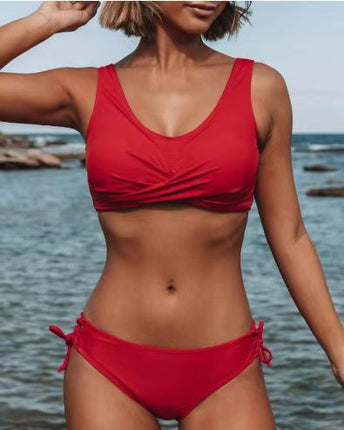 Swimsuit Split Bikini Pure Color Cross Strap Amazon Popular High Waist Swimsuit European and American Export Sexy Biki