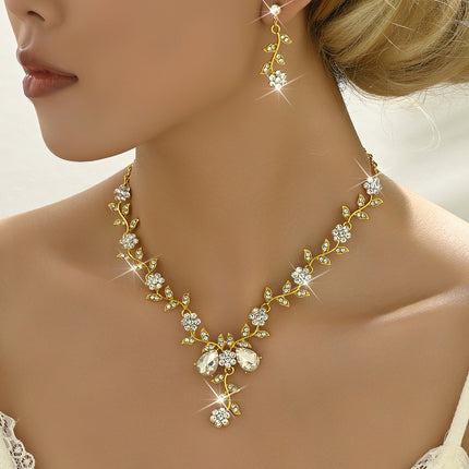 New Cross-Border Wholesale Bridal Rhinestone Water Drop Necklace and Earrings Jewelry Set for Women's Evening Dress Accessories