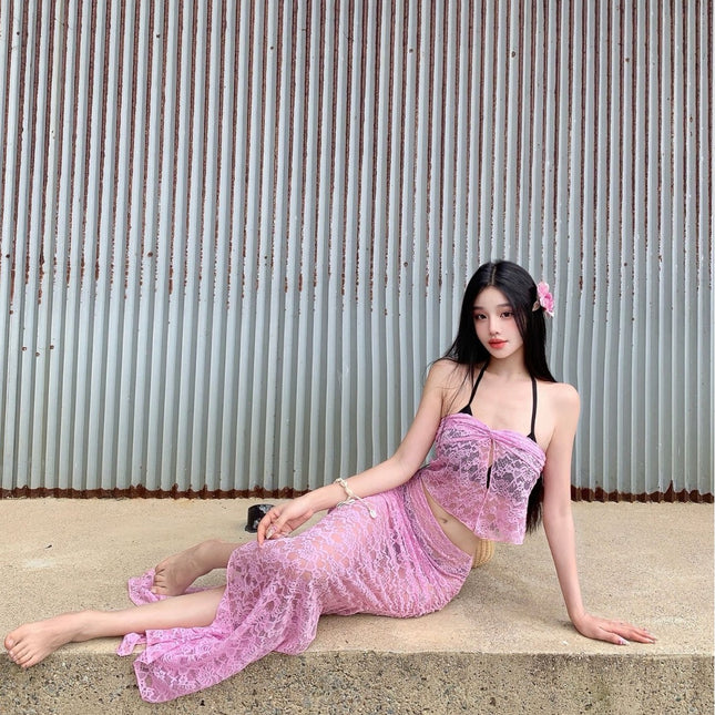 European and American Cross-Border 2025 New Sexy Slim Two-Piece Lace See-Through Suspender Top Skirt Swimsuit for Women