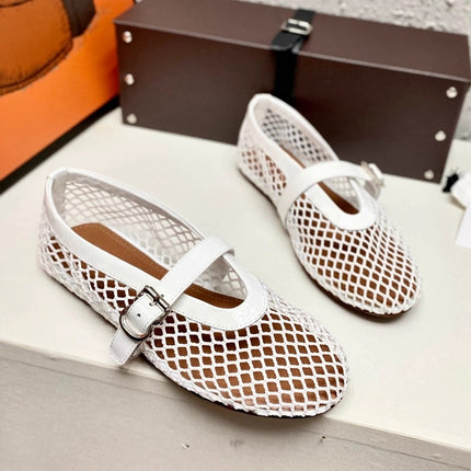 2024 New Fishnet Shoes Hollow Out Ballet Shoes Women's Flat Mesh Retro Mary Jane Shoes
