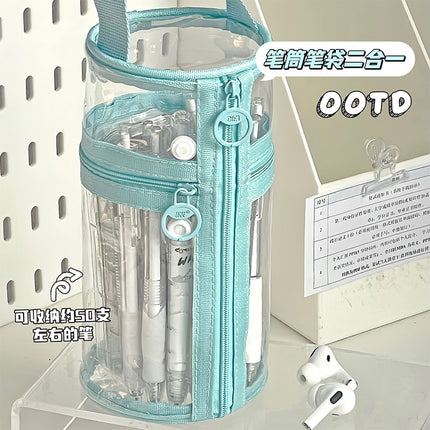 Ins Pen Holder Type Pencil Bag Large Capacity Storage Cylindrical Pen Holder Student High-Looking Transparent Waterproof Thickeneded Stationery Bag