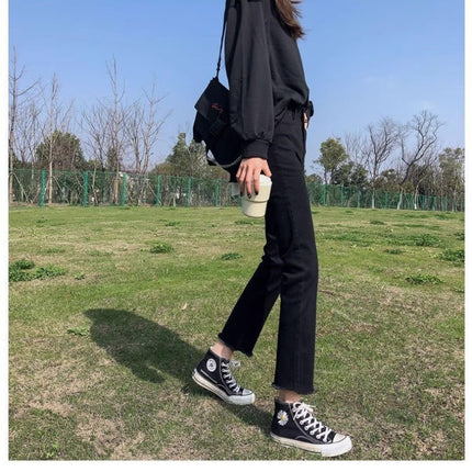 Black Straight Leg Jeans Women's Fashionable All-match New High Waist Slimming Small Eight or Nine French Stick Pipe Trousers