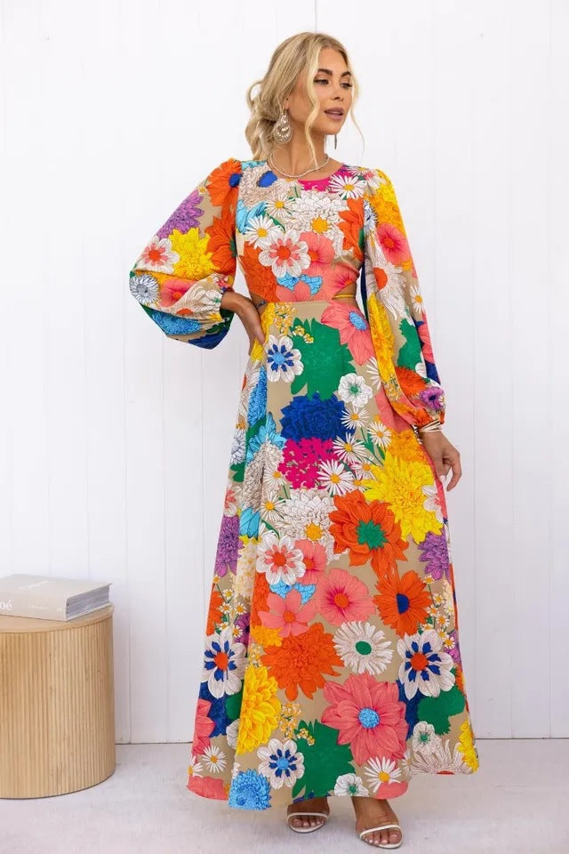 25Th European and American Export Autumn and Winter New Fashion Printed Round Neck Lantern Sleeve Long Waist Dress-23132