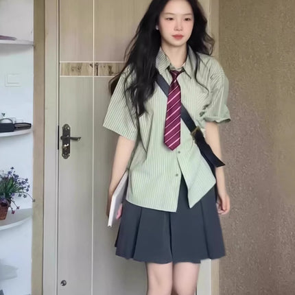 Korean style college style ootd wear women's summer small fresh green striped short sleeve shirt sweet JK pleated skirt