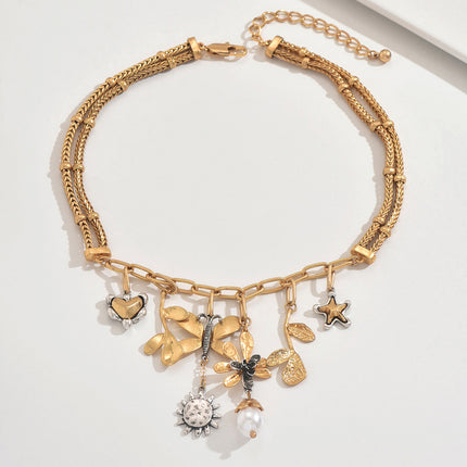 Cross-Border New Products European and American Style Fashion Butterfly Pearl Leaf Hu Flower Heart Chain Pendant Gold-Plated Wholesale Women
