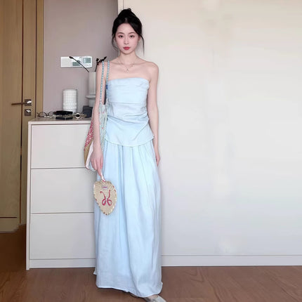 2025 Spring and Summer New Korean suit Shirt Strapless Top Skirt light blue