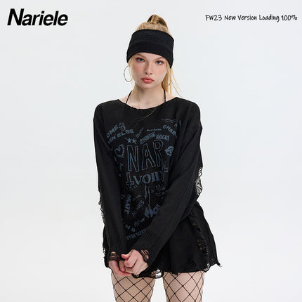 HeyHnery Set Autumn Thin Loose ins Ripped Sexy American Style Leg Set Sweater Top for Hot Girls
