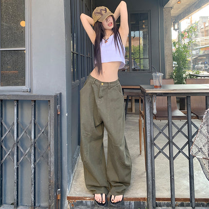 American Olive Green Scimitar Wide-Leg Jeans for Women 2025 Spring and Summer New High-Waisted Loose Slimming Look Straight Banana Pants