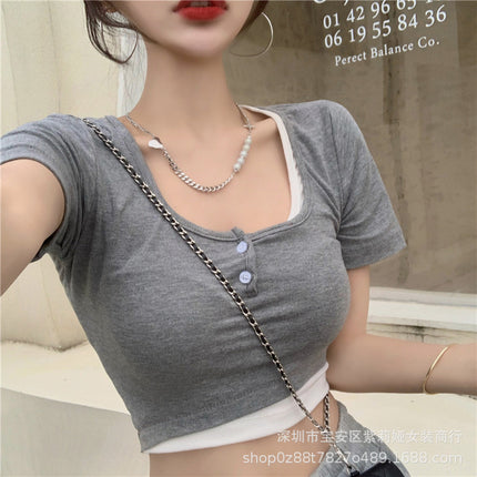 92 Rayon 8 Spandex Summer New Hot Girl Fake Two-Piece Short-Sleeved T-Shirt Women's Niche Slim Bm Short Crop Top