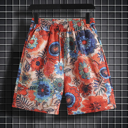 Hawaiian No-Iron Ice Silk Quick-Drying Five-Point Beach Shorts Men's Casual Printed Loose Thin Sports Large Pants