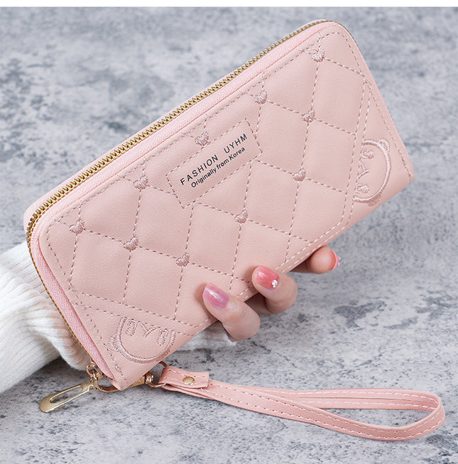 New Women's Wallet Long Single Zipper Solid Color Embroidered Hand Bag Large Capacity Coin Purse Multifunctional Mobile Phone Bag
