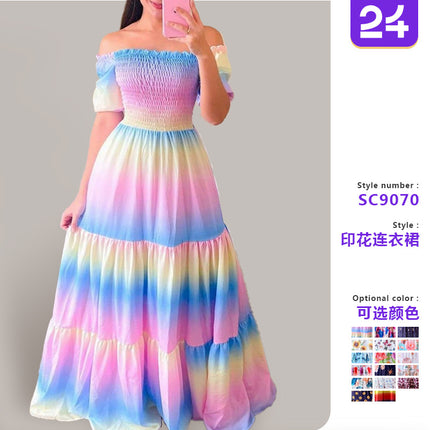 2025 cross-border new spring and summer European and American women's dress off-shoulder floral fashion off-shoulder long printed skirt