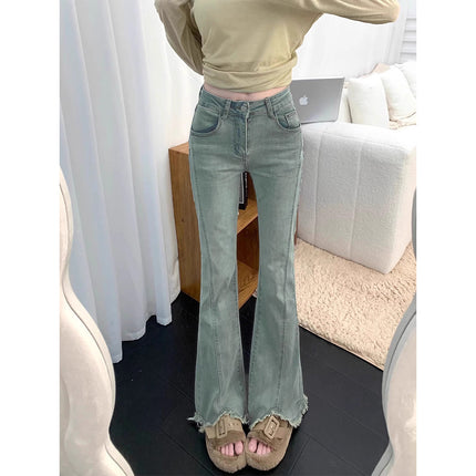 Spring and Autumn New Design Sense Micro-Lar Jeans Women's 2025 American Style High Waist Slim-Fit Slimming Fur-Edge Horseshoe Flared Pants