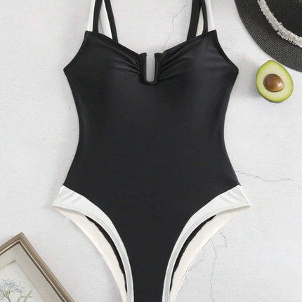 Solid Color One-Piece Swimsuit for Women European and American New Sexy Deep V Push-Up Bikini High-End Backless Bikini Cross-Border