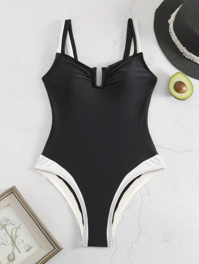 Solid Color One-Piece Swimsuit for Women European and American New Sexy Deep V Push-Up Bikini High-End Backless Bikini Cross-Border