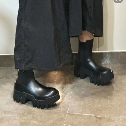 Foreign Trade AliExpress British Style Round Head Thick Bottom Gear Thick Heel Cowhide Boots Splicing Sleeve High Heel Chelsea Boots