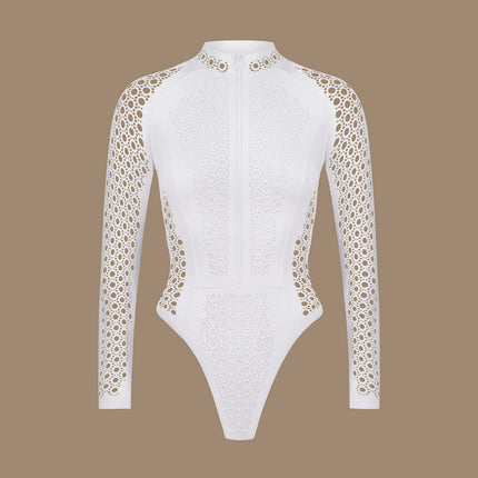 2024 European and American Swimwear New White Zipper Mesh Long Sleeve Surfer Women's Global Swimwear Selection 25214