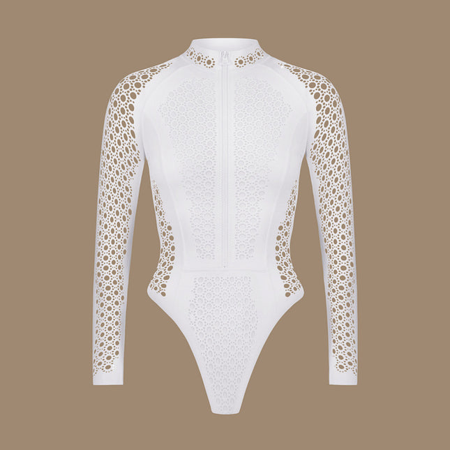 2024 European and American Swimwear New White Zipper Mesh Long Sleeve Surfer Women's Global Swimwear Selection 25214