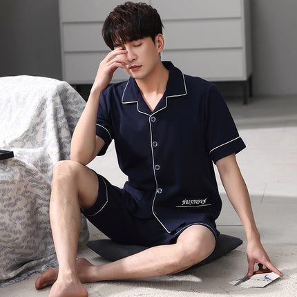 New Cotton Pajamas Men's Summer Short-sleeved Shorts Cardigan Lapel Home Clothes Summer Plus Size Loose Set