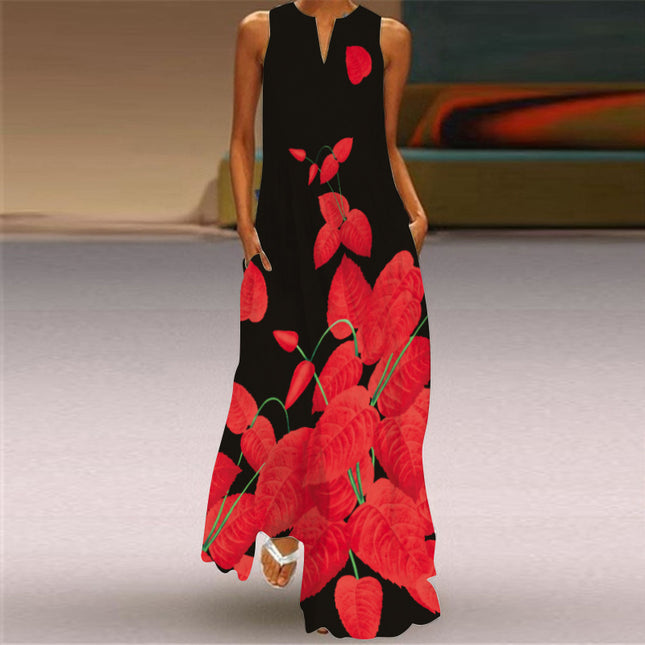 2022 New European and American Cross-border Independent Station Women's Sleeveless Long Dress V-neck Rose Flower Vintage Printed dress