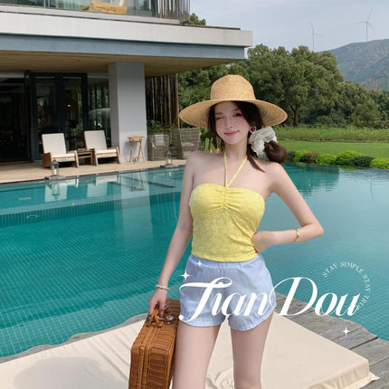 [Lemon Grass] Vacation Beach Colorful Tube Top Beach Hot Spring Swimsuit Bikini Three-Piece Set Pure Desire Dopamine
