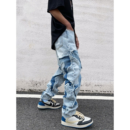 American Street Knife Cut Hole Patch Washed Straight Jeans Men's and Women's High Street Personalized Hip-Hop Loose Long Pants