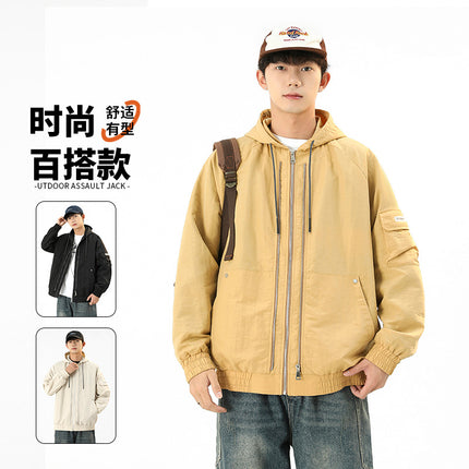 Jacket Men's 2025 Spring New Loose Hooded Outdoor Casual Tooling Charge Jacket Spring Trendy Top