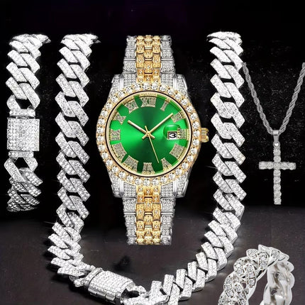 Hiphop Hip Hop Diamond Watch Five-Piece Diamond Cuban Chain Cross Necklace Cuban Ring Cross Border Wholesale