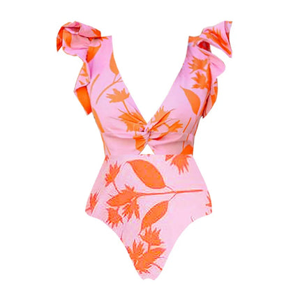 2024 European and American Swimwear New V-neck Ruffled Seaside Holiday Printed One-piece Swimsuit suit Women's Cross-border 25084