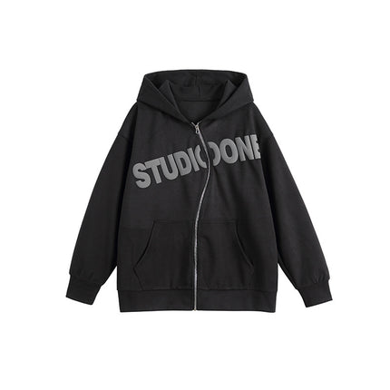 City Essentials 2024 Spring New Creative Zipper Hooded Letter Print Sweatshirt Loose Fit