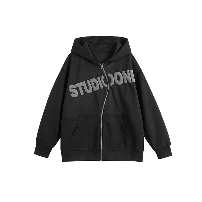 City Essentials 2024 Spring New Creative Zipper Hooded Letter Print Sweatshirt Loose Fit