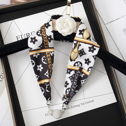 2026 New Magnetic Buckle Small Silk Scarf with Geometric Patterns and Rhinestones, Magnetic Necklace Scarf, Women's Hairband Scarf