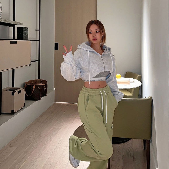 New 2026 Spring and Autumn Korean Style Hooded Solid Color Simple American-Style Zip-Up Cardigan Jacket, Trendy Crop Top Sweatshirt for Women