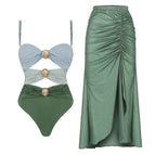 Green color block swimsuit set / S