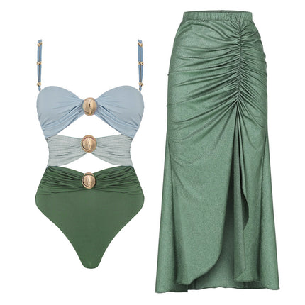 2024 European and American Amazon Aliexpress One-piece Swimsuit Gold Button Color Matching Three-color Sexy Swimsuit Suit for Women