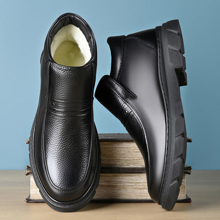 Winter fleece-lined Warm Cotton Shoes Men's Genuine Leather Fluffy Casual High-top Leather Shoes Men's Non-slip Soft Sole Middle-aged and Elderly Dad's Shoes