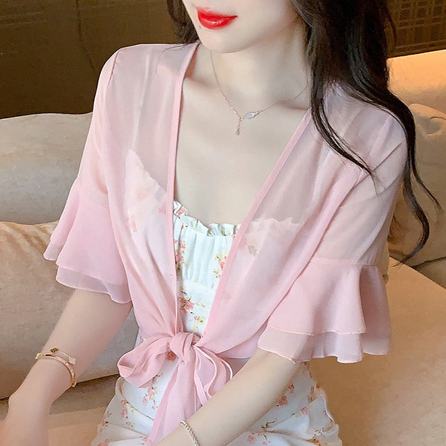 2025 Summer Thin Small Shawl Short Jacket Women's Sun Protection Clothing Easiest for Match Short Small Waistoutwear Chiffon Cardigan Air Conditioning Shirt