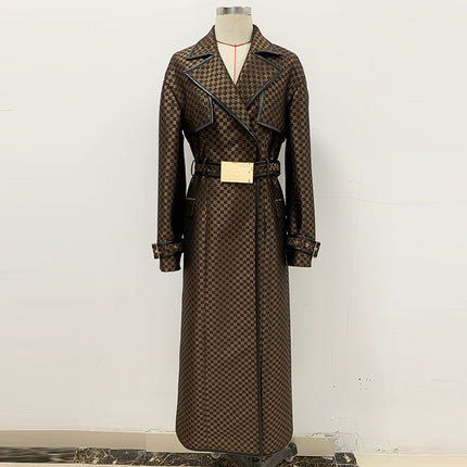 In Stock 2026 Autumn and Winter New European and American Celebrity Fashion Belted Jacquard Maze Pattern Extended Trench Coat