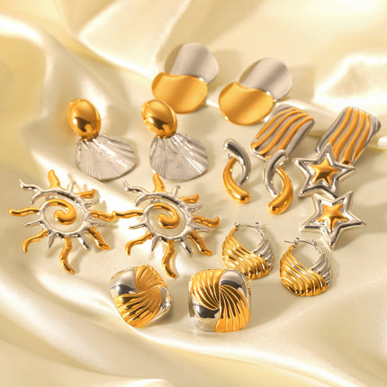 European and American design sense stainless steel earrings gold and silver color matching smooth geometric texture earrings sun five-pointed star earrings for women