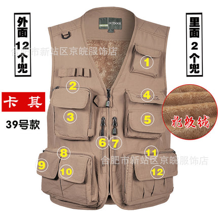 Winter clothing warm vest men's multi-pocket and velvet thickened leisure vest outdoor travel mountaineering outdoor winter wear cold clothing