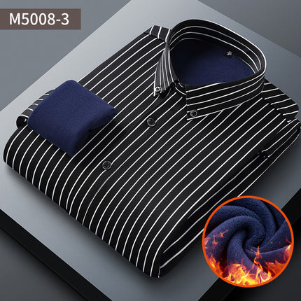 Winter New Elastic Warm One-piece Velvet Casual Men's Shirt Business Cold-proof fleece-lined Striped Shirt for Middle-aged and Elderly