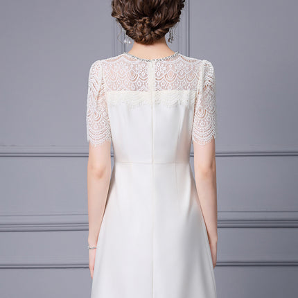 Zhili noble and elegant temperament dress heavy industry nail drill lace stitching short sleeve high waist A- line skirt summer women