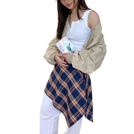 Street Retro Plaid Fart Curtain All-Match Fashionable One-Piece Tube Top Lace-Up Irregular Fake Shirt Skirt